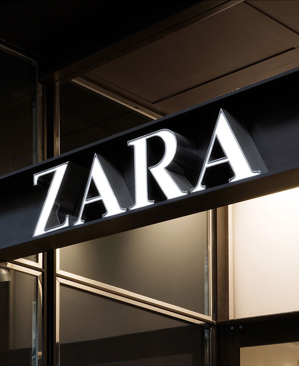 Rótulo de Zara. La marca de Zara una de las más valoradas.