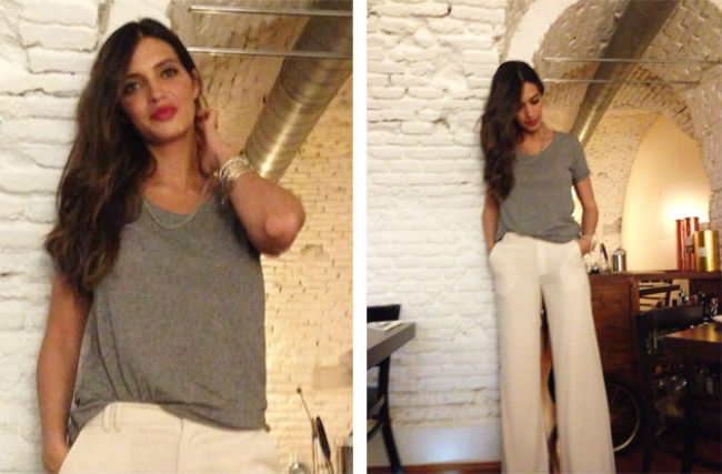 Copia el look de Sara Carbonero Zara!!! pantalón blanco fluido, camiseta básica pulseras colección - Modalia.es