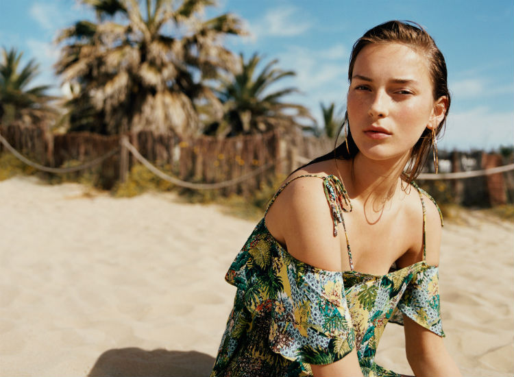 top off shoulder tropical print mango