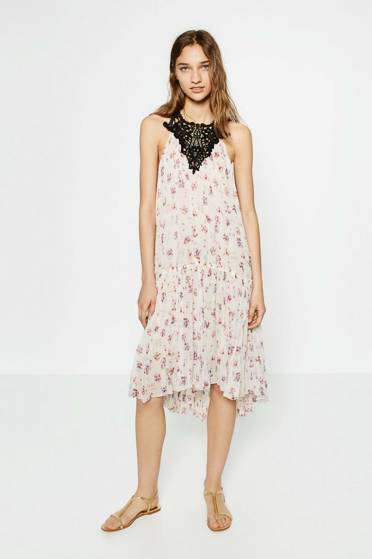 vestido estampado flores zara cuello crochet negro