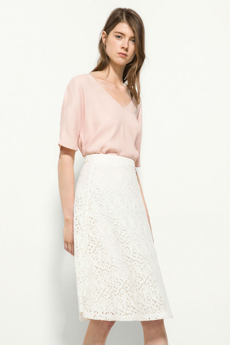 Falda Midi Color Blanco Massimo Dutti