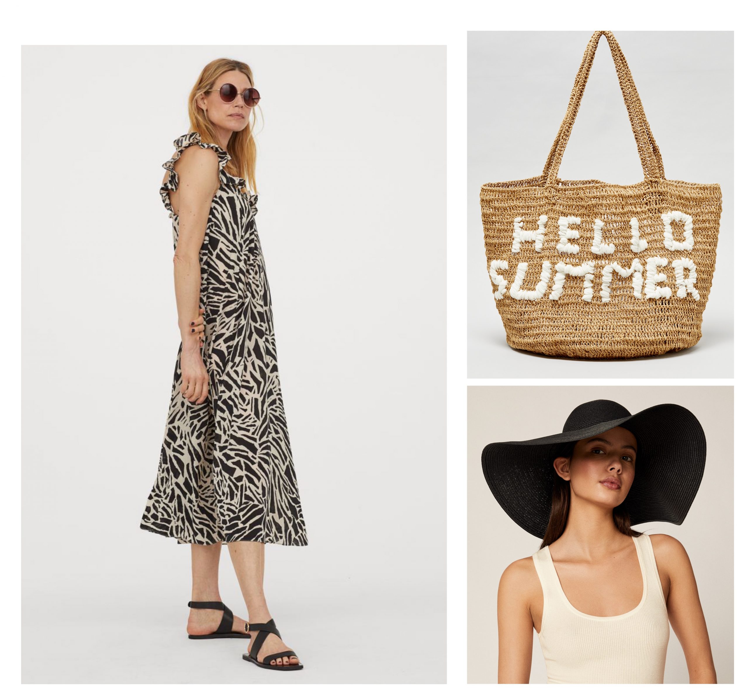 Conjunto para bajar a la playa formado por un vestido estampado de H&M, bolso de System Action grande con letras "Hello Summer" y una Pamela negra.