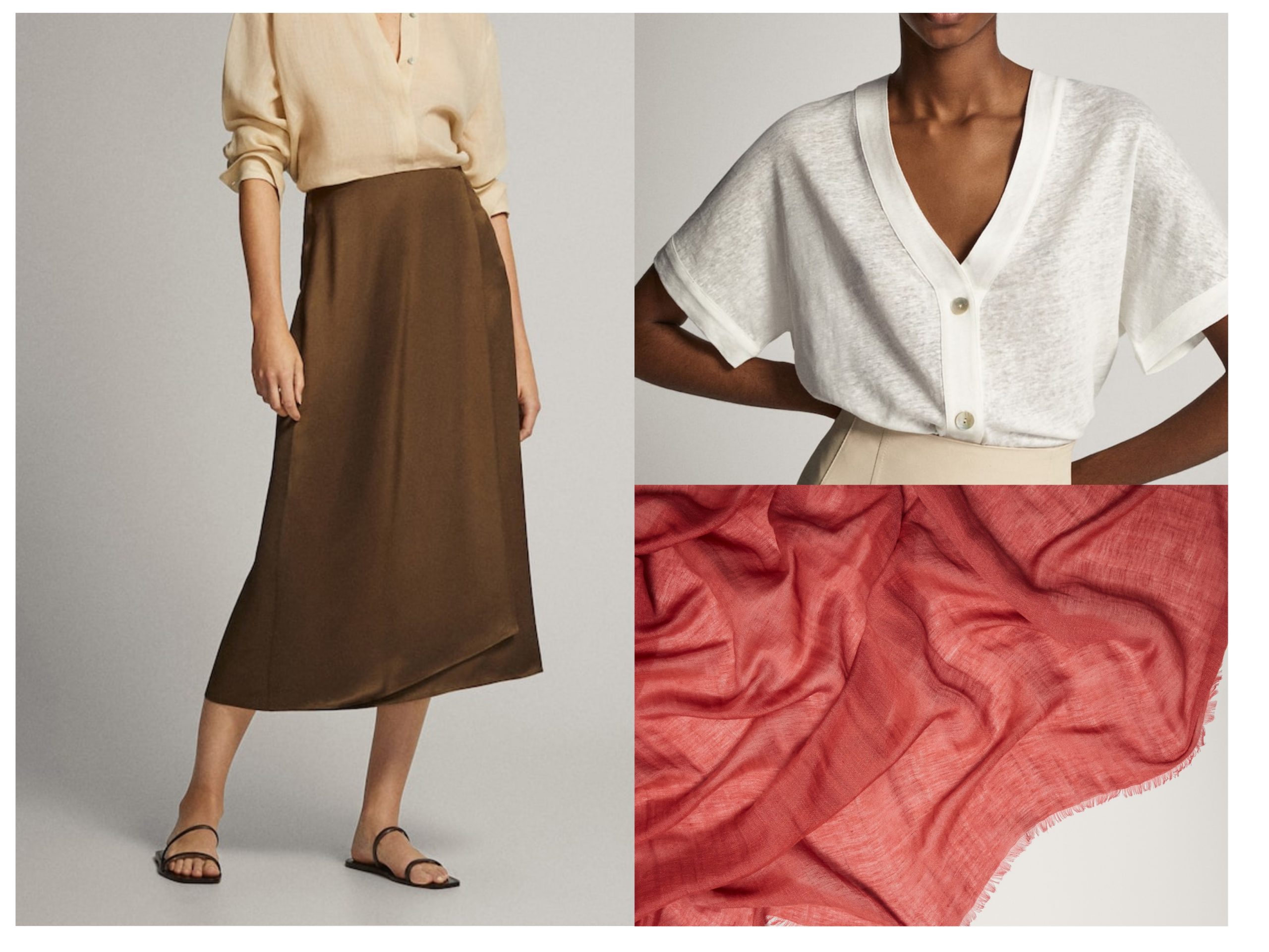 Total look de Massimo Dutti con productos rebajados, cuenta con una falda satinada, un fular liso y una cardigan de lino con botones.