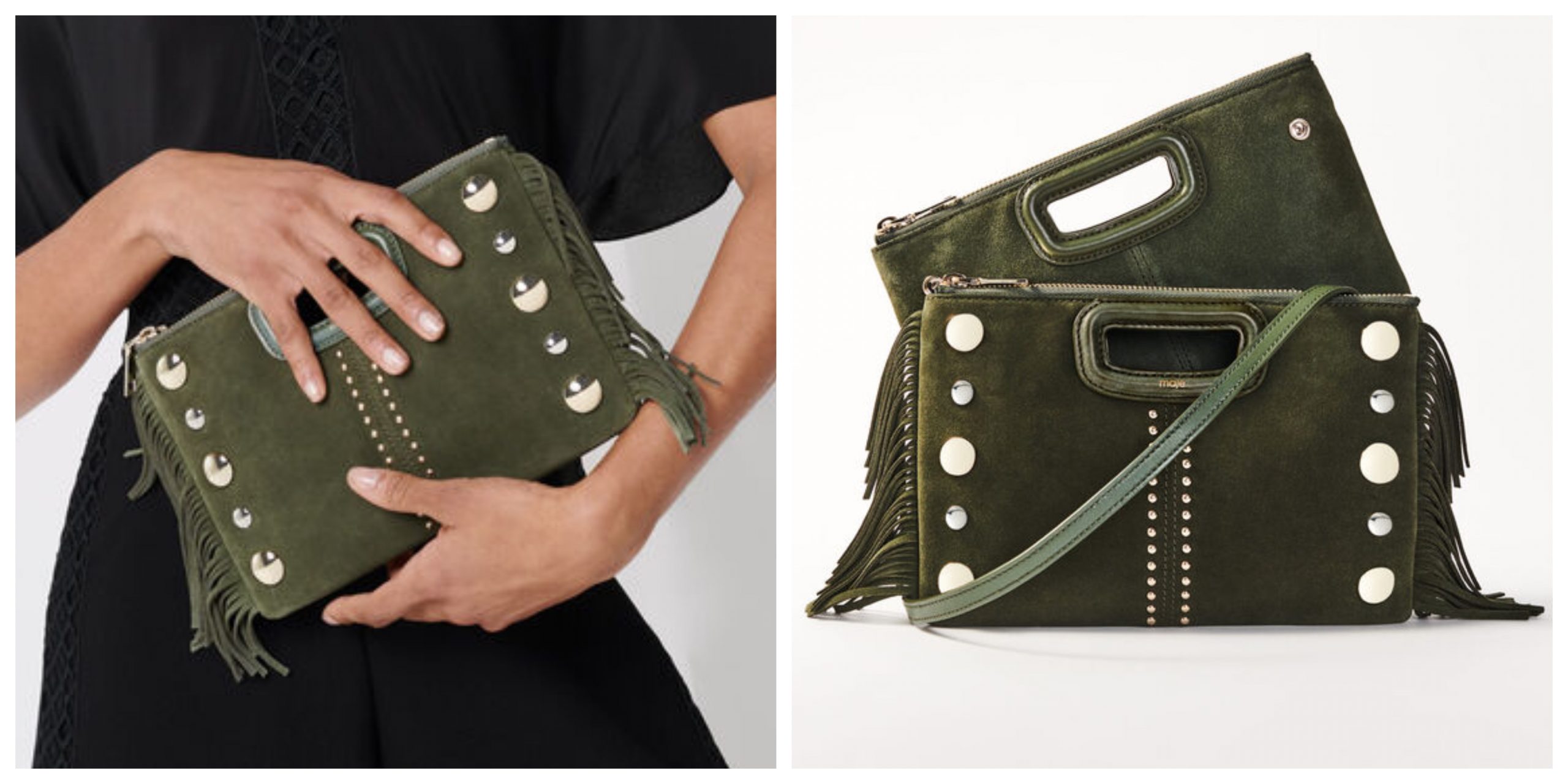 Bolso de mano de la firma maje en color verde caqui, cuenta con tachuelas en la parte frontal, flecos en la lateral y dos compartimentos diferentes.