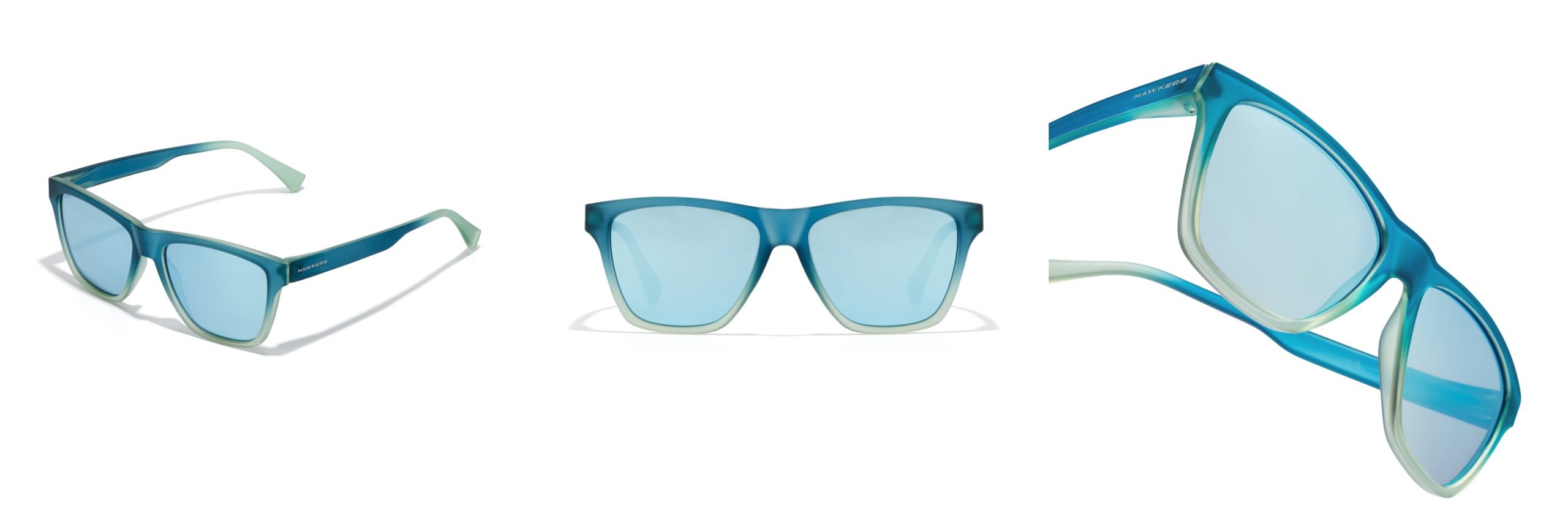 Gafas de la colección de Hawkers x Paula Echevarría combinan lentes de espejo azul y diferentes tonos de azules transparentes en la montura.