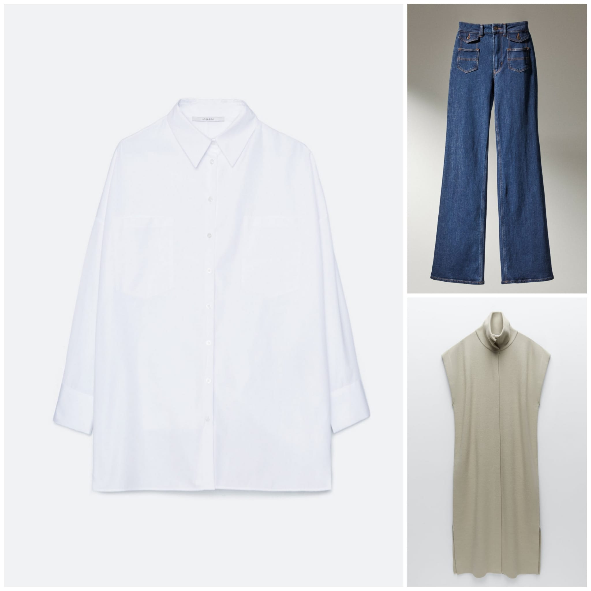 Camisa popelín blanca oversize, de Uterqüe Vaqueros de corte recto, de Massimo Dutti Chaleco largo, de Zara  