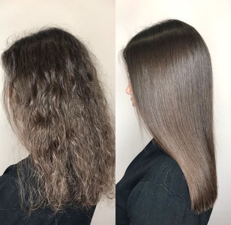 Chica que pasa de pelo rizado a liso por tratamiento de queratina.